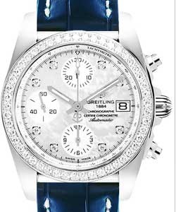 Chronomat Chronograph in Steel with Diamond Bezel on Blue Alligator Leather Strap with Mother of Pearl Dial
