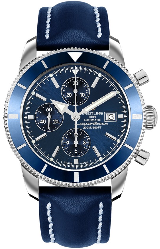 Superocean Heritage 46mm in Steel with Blue Bezel on Blue Calfskin Leather Strap with Blue Dial