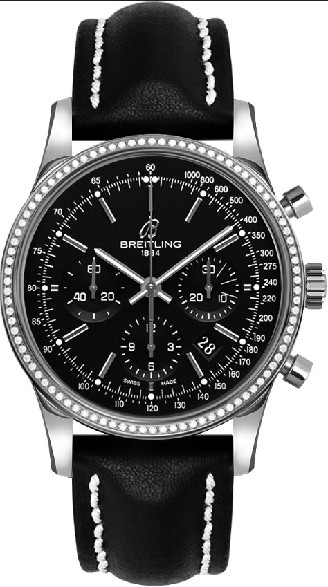 Transocean Chronograph in Steel with Diamond Bezel on Black Calfskin Leather Strap with Black Dial