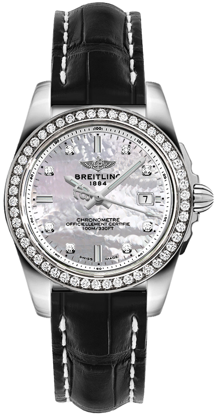 Galactic 32 in Steel with Diamond Bezel on Black Crocodile Leather Strap with Mother of Pearl Diamond Dial