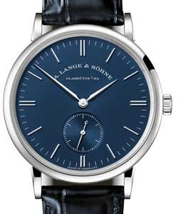 Saxonia 35mm in White Gold on Black Alligator Leather Strap with Blue Stick Dial