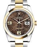 Datejust 36mm in Steel with Yellow Gold Domed Bezel on Oyster Bracelet with Chocolate Floral Motif Dial