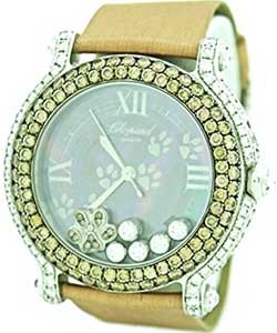 Happy Sport Round 39mm in White Gold with 2 Row Diamond Bezel on Beige Satin Strap with Mother of Pearl Dial