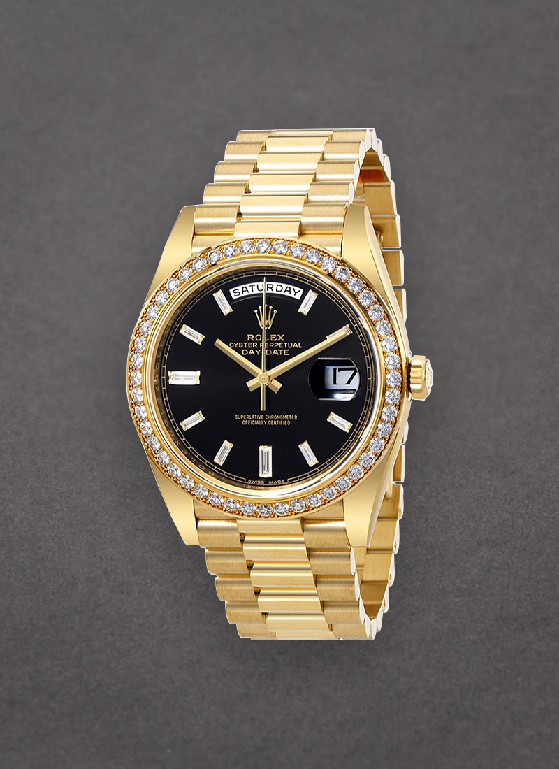 Rolex Unworn Day Date 40mm President in Yellow Gold with Diamond Bezel