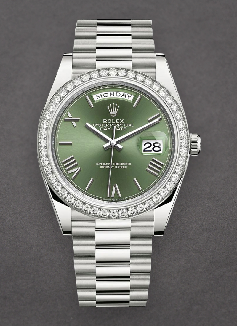 Rolex Unworn Day-Date 40mm in White Gold with Diamond Bezel