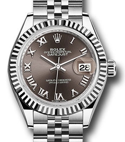 Datejust 28mm in Steel with White Gold Fluted Bezel on Jubilee Bracelet with Dark Grey Roman Dial