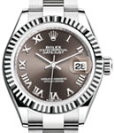 Datejust 28mm Automatic in Steel with White Gold Fluted Bezel on Oyster Bracelet with Dark Grey Roman Dial