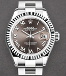 Datejust 28mm Automatic in Steel with White Gold Fluted Bezel on Oyster Bracelet with Dark Grey Roman Dial