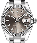 Datejust 28mm Automatic in Steel with White Gold Fluted Bezel on Oyster Bracelet with Dark Grey Index Dial