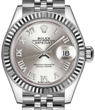 Datejust 28mm in Steel with White Gold Fluted Bezel on Steel Jubilee Bracelet with Silver Roman Dial