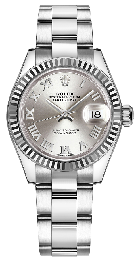 Datejust 28mm Automatic in Steel with White Gold Fluted Bezel on Steel Oyster Bracelet with Silver Roman Dial