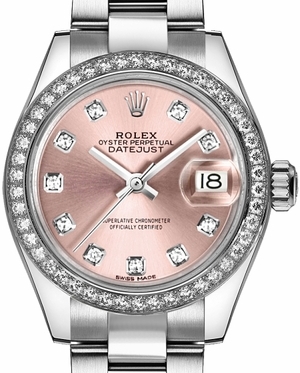 Ladies Datejust 28mm in Steel with White Gold Fluted Diamond Bezel on Oyster Bracelet with Pink Diamond Dial