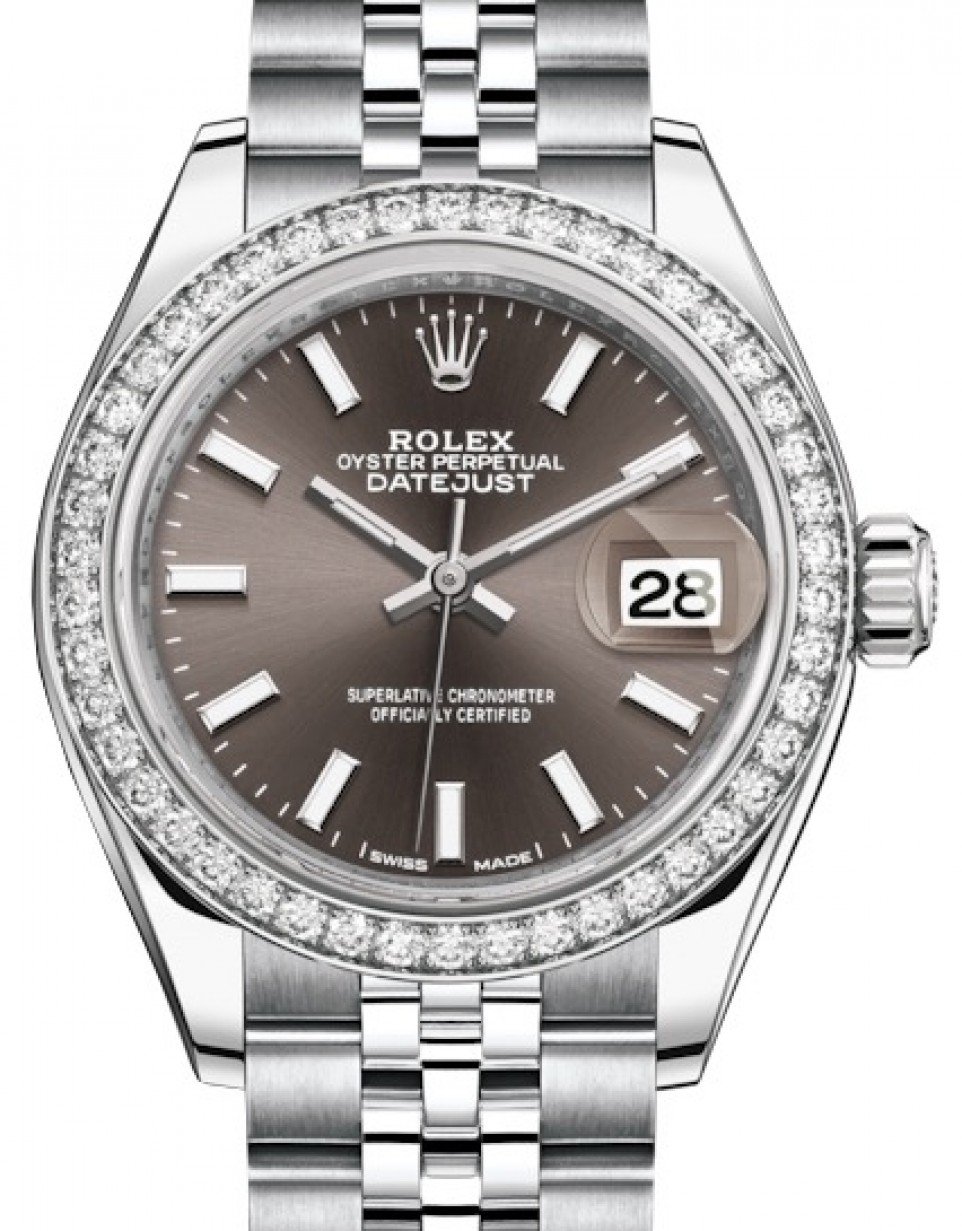 Datejust 28mm Steel with White Gold Fluted Diamond Bezel On Steel Jubilee Bracelet  with Dark Grey Index Dial