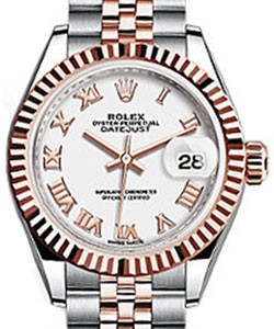 2-Tone Ladies Datejust 28mm in Steel with Rose Gold Fluted Bezel on Jubilee Bracelet with White Roman Dial