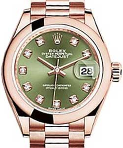 Datejust 28mm in Rose Gold with Domed Bezel on President Bracelet with Olive Green Diamond Dial