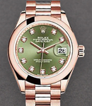 Datejust 28mm in Rose Gold with Domed Bezel on President Bracelet with Olive Green Diamond Dial