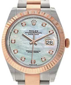 Datejust 41mm in Steel with Rose Gold Fluted Bezel on Bracelet with White MOP Diamond Dial