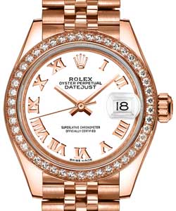 Datejust 28mm in Rose Gold with Diamond Bezel on Jubilee Bracelet with White Roman Dial