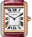 Tank Louis Cartier Small in Rose Gold with Diamond Bezel on Burgundy Alligator Leather Strap with Silver Dial