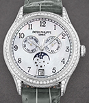 Annual Calendar 4948 in White Gold with Diamond Bezel on Grey Shiny Crocodile Leather Strap with Mother of Pearl Dial