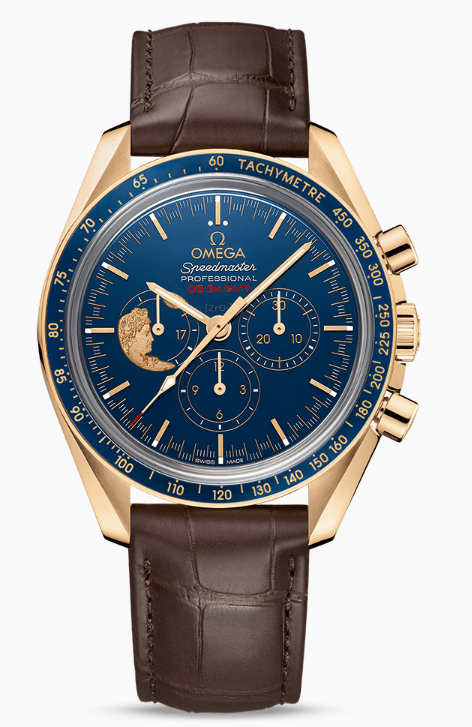 Speedmaster Professional Moonwatch in Yellow Gold On Brown Alligator Leather Strap with Blue Dial