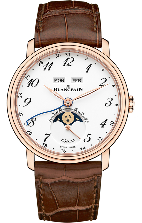 Villeret Complete Calendar in Rose Gold on Brown Alligator Leather Strap with White Dial