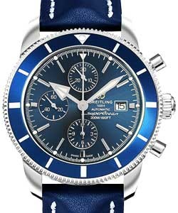 Superocean Heritage II Chronograph in Steel with Blue Ceramic Bezel on Blue Calfskin Leather  Strap with Blue Dial
