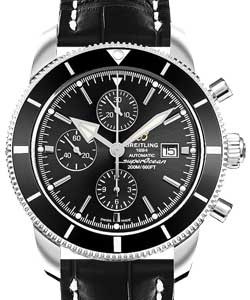 Superocean Heritage II Chronograph in Steel with Black Ceramic Bezel on Black Crocodile Leather Strap with Black Dial