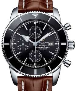 Superocean Heritage II Chronograph in Steel with Black Ceramic Bezel on Brown Crocodile Leather Strap with Black Dial