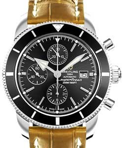 Superocean Heritage II Chronograph in Steel with Black Ceramic Bezel on Gold Crocodile Leather Strap with Black Dial
