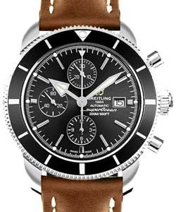 Superocean Heritage II Chronograph in Steel with Black Ceramic Bezel on Gold Calfskin Leather Strap with Black Dial
