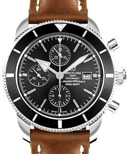Superocean Heritage II Chronograph in Steel with Black Ceramic Bezel on Gold Calfskin Leather Strap with Black Dial