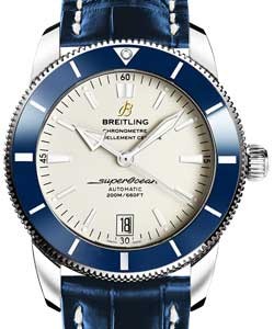 Superocean Heritage II in Steel with Blue Ceramic Bezel on Blue Alligator Leather Strap with Silver Dial