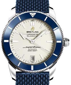 Superocean Heritage II in Steel with Blue Ceramic Bezel on Blue Aero Classic Rubber Strap with Silver Dial