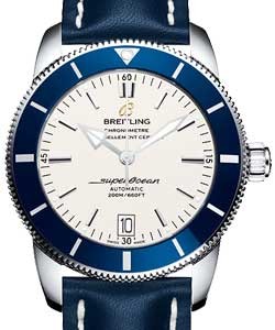 Superocean Heritage II in Steel with Blue Ceramic Bezel on Blue Calfskin Leather Strap with Silver Dial