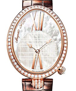 Reine de Naples in Rose Gold with Diamonds Bezel on Brown Alligator Leather Strap with Mother of Pearl Dial
