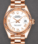 Ladies Datejust 28mm in Rose Gold with Fluted Bezel on President Bracelet with White Roman Dial