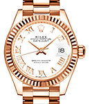 Ladies Datejust 28mm in Rose Gold with Fluted Bezel on President Bracelet with White Roman Dial