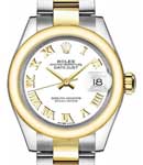 Datejust 28mm in Steel with Yellow Gold Smooth Bezel on Oyster Bracelet with White Roman Dial