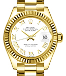 Datejust 28mm Automatic in Yellow Gold with Fluted Bezel on President Bracelet with White Roman Dial