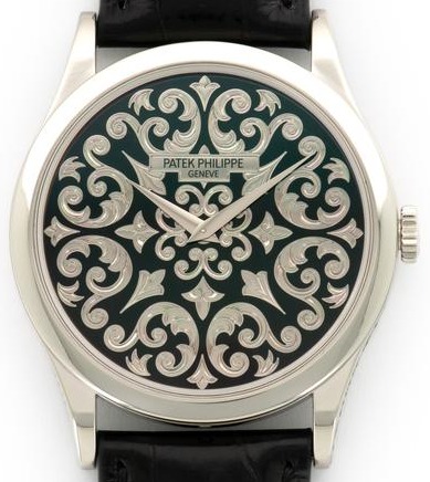 Calatrava 5088 Rare Handcrafts Enamel in Platinum on Black Alligator Leather Strap with Black Dial