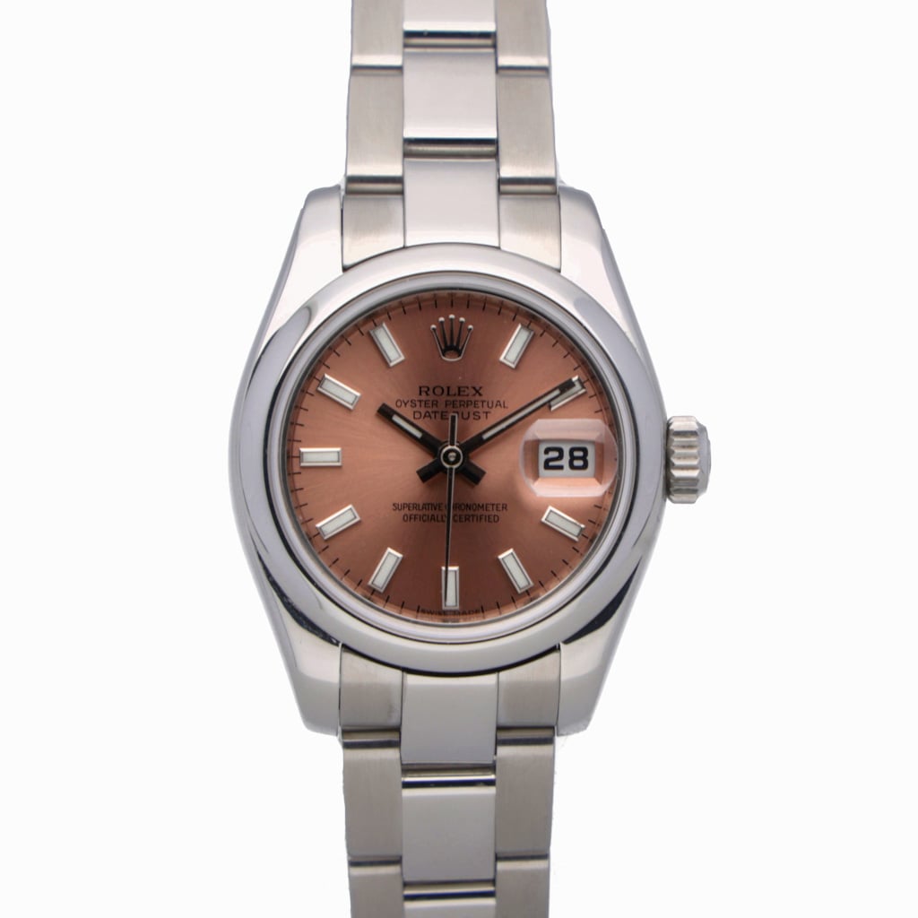 Ladies Datejust in Steel with Domed Bezel on Steel Oyster Bracelet with Salmon Stick Dial