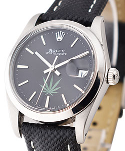 Oyster Date Precision in Steel on Black Leather Strap with Black Pot Leaf Dial