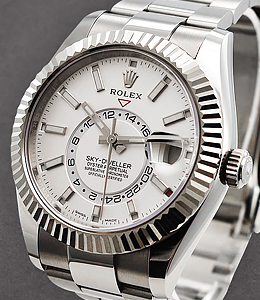 Sky Dweller in Stainless Steel with Fluted Bezel on Oyster Bracelet with White Stick Dial