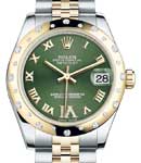Datejust 31mm in Steel with Yellow Gold 24 Diamond Bezel on Jubilee Bracelet with Olive Green Roman  Diamond VI Dial