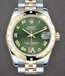 Datejust 31mm in Steel with Yellow Gold 24 Diamond Bezel on Jubilee Bracelet with Olive Green Roman  Diamond VI Dial