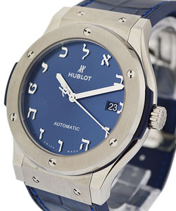 Classic Fusion Blue With Hebrew Letters  45mm in Titanium On Blue Crocodile Leather Strap with Blue Dial