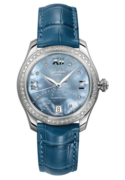 Serenade 36 Automatic in Stainless Steel with Diamonds Bezel on Blue Crocodile Leather Strap with Blue MOP Dial