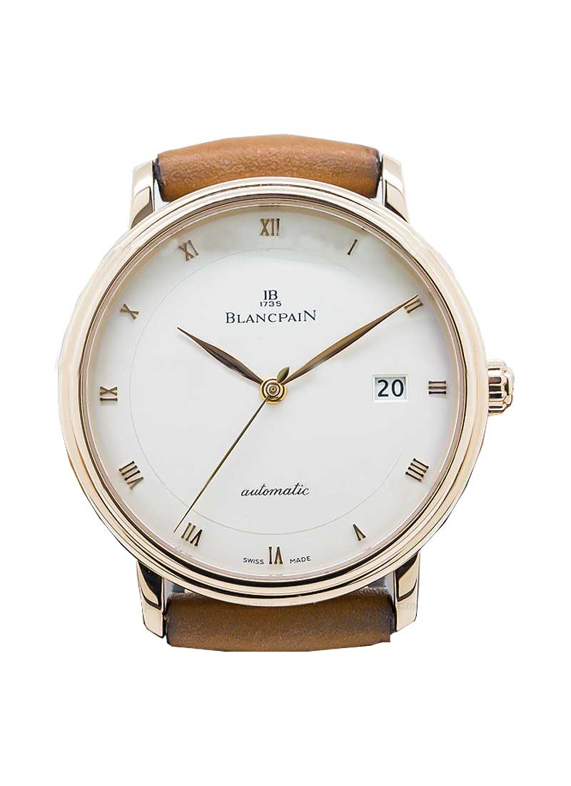 Villeret Ultra Slim 38mm in Rose Gold on Brown Calfskin Leather Strap with White Opaline Dial