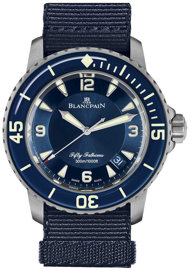 Fifty Fathoms 300m Automatic in Titanium on Bliue Fabric Strap with Blue Dial